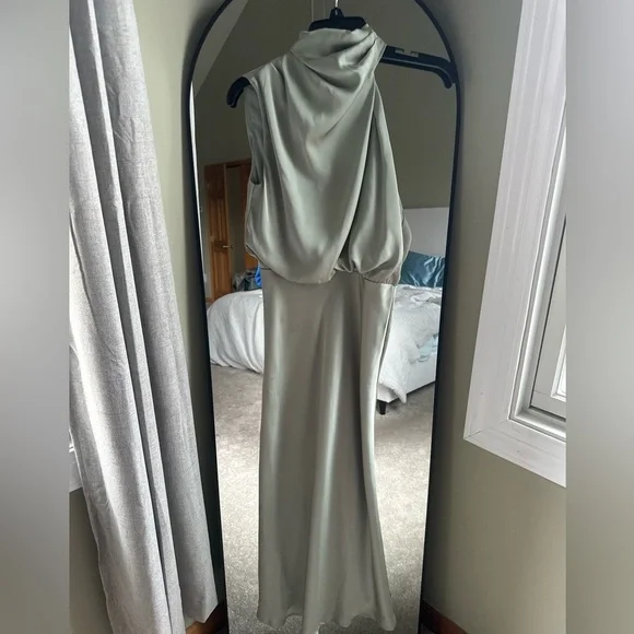 That's So Fetch Sage Green Satin Asymmetrical Neck  Midi Wedding Guest Dress - Picture 4 of 6